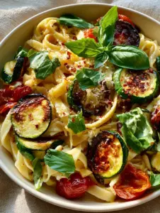 Close up of al dente fettuccine tossed with dry-seared zucchini and blistered cherry tomatoes. (Tomato zucchini pasta)
