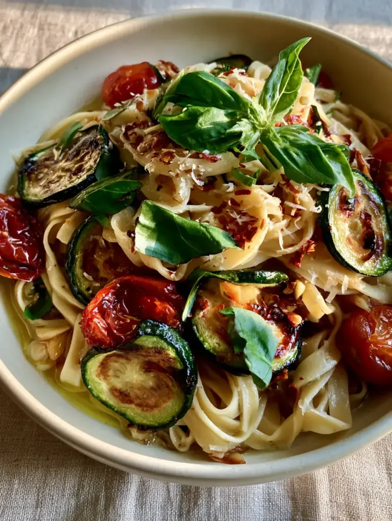 Tomato zucchini pasta with blistered tomatoes and toasted garlic 1 Glistening Tomato zucchini pasta garnished with micro-planed parmesan and fresh basil.