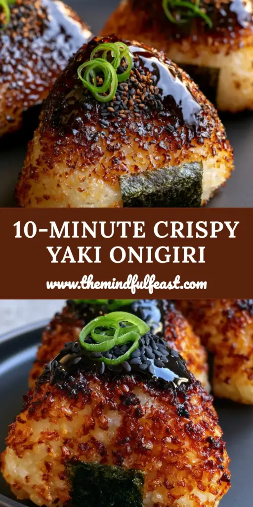 Three triangular Yaki Onigiri with a dark miso soy glaze, black sesame seeds, and green scallions on a black plate. (Yaki Onigiri)
