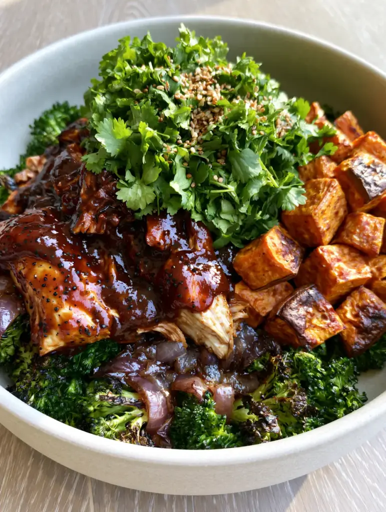 BBQ Chicken Sweet Potato Bowl with Charred Broccoli and Red Onions 1 A high-angle photo of the finished BBQ chicken sweet potato bowl garnished with cilantro and sesame seeds on a light wood surface.
