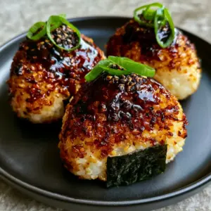 Extreme close-up of Yaki Onigiri showing the shatter-crisp toasted rice grain texture and glossy dark brown glaze. (Yaki Onigiri)