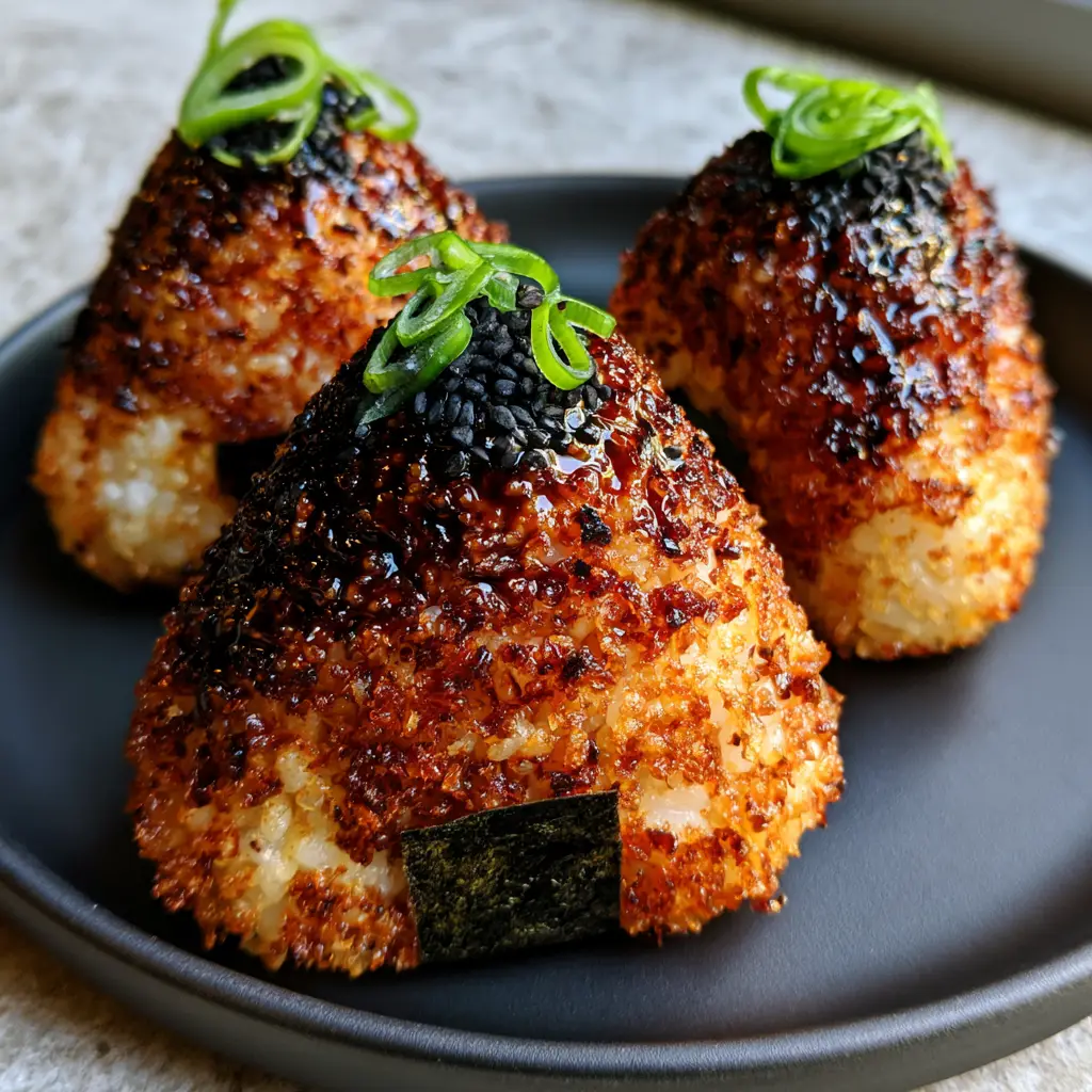 Three triangular Yaki Onigiri rice balls wrapped in nori and topped with scallions on a minimalist black ceramic plate.