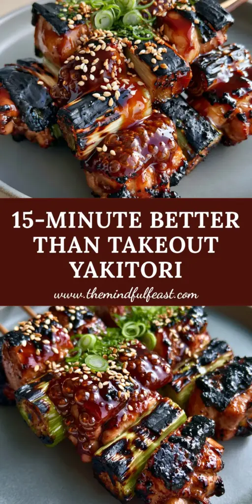 Chicken Yakitori: The Ultimate Glossy Negima Recipe with Charred Scallions 4 Five Japanese Chicken Yakitori skewers on a grey plate with thick mahogany glaze and charred scallions.