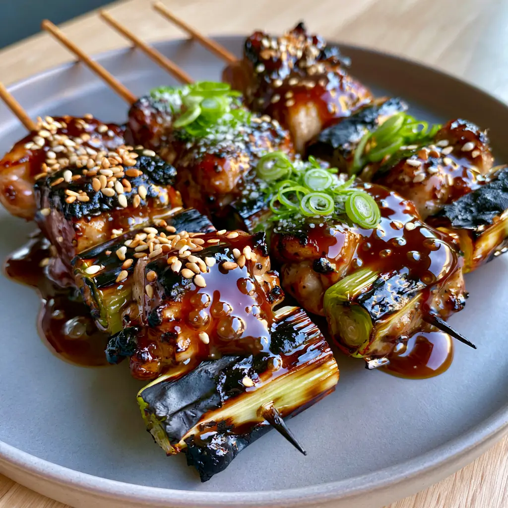 Chicken Yakitori: The Ultimate Glossy Negima Recipe with Charred Scallions 2 Extreme close up of Chicken Yakitori skewers showing the sticky texture of the mahogany tare sauce.