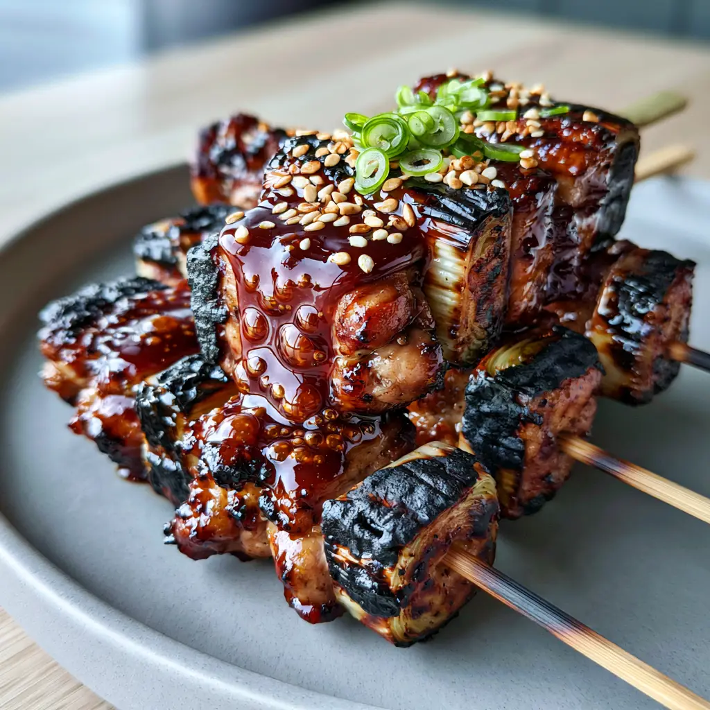Chicken Yakitori: The Ultimate Glossy Negima Recipe with Charred Scallions 1 Chicken Yakitori skewers on a minimal grey plate resting on a light wood surface.