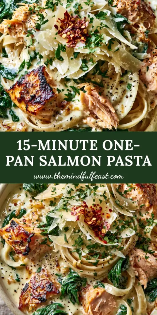 Spinach Salmon Pasta with Glossy Lemon Garlic Cream Sauce 4 A top-down shot of Spinach Salmon Pasta in a rustic cream bowl with charred salmon flakes and glossy sauce.
