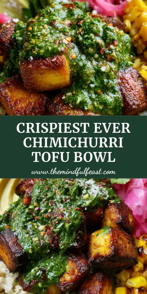 A vibrant Vegan Chimichurri Tofu Bowl with crispy golden-brown tofu, bright pink pickled onions, and creamy avocado slices on white quinoa. (Vegan Chimichurri Tofu Bowl)