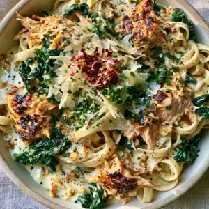 Macro shot of Spinach Salmon Pasta showing moist flakes of salmon with charred edges and fettuccine in ivory sauce.