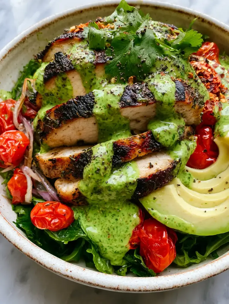 Peruvian Grilled Chicken Salad with Creamy Aji Verde Sauce 1 Vibrant green aji verde sauce drizzled over fresh salad ingredients.