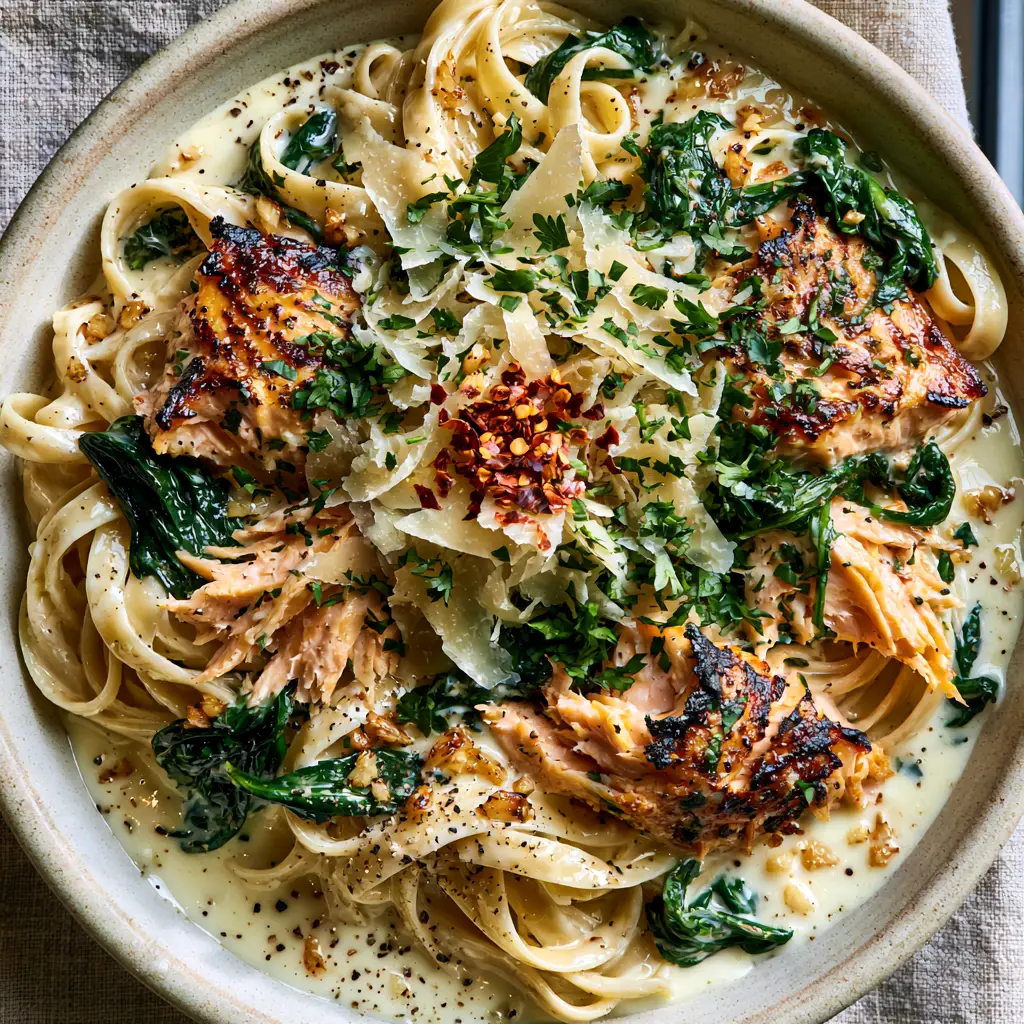 Spinach Salmon Pasta with Glossy Lemon Garlic Cream Sauce 1 Rustic ceramic bowl filled with Spinach Salmon Pasta topped with parmesan shavings and red pepper flakes.