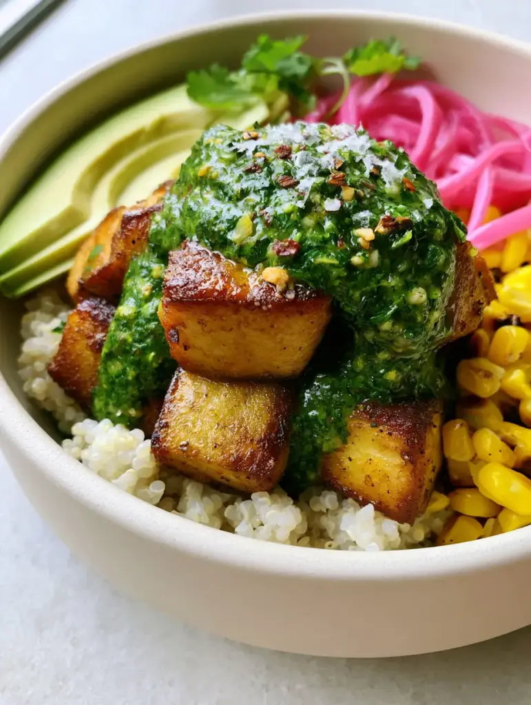A 45-degree angle shot of a complete Vegan Chimichurri Tofu Bowl showing charred corn, avocado, and pickled onions on a grey stone surface.