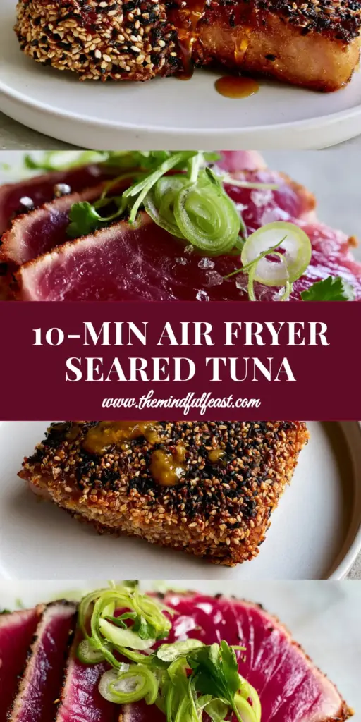 Tuna Steaks with a Toasted Sesame Crust and Glossy Ginger-Soy Glaze 4 A split-view food photo showing a whole sesame-crusted Ahi Tuna steak on top and macro sliced ribbons of pink tuna on the bottom. (Tuna Steaks)