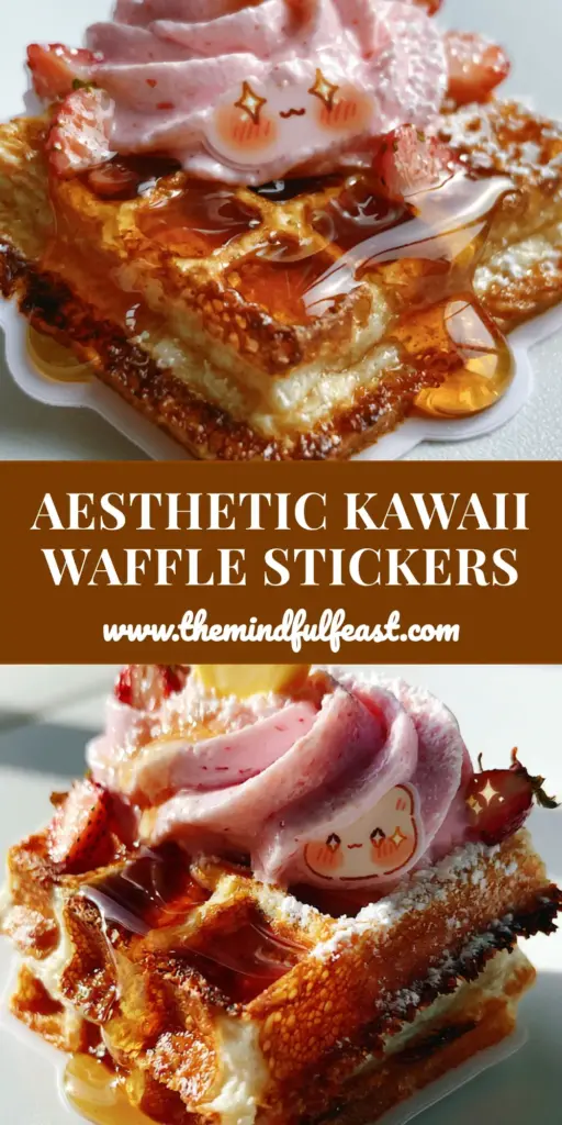 Kawaii Waffles Clipart: How to Make The Ultimate Aesthetic Belgian Waffles 4 A stack of Belgian waffles with a heart-shaped butter pat and strawberry pink cream in a kawaii waffles clipart style.