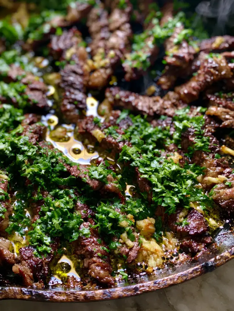 Thinly Sliced Ribeye Steak Recipes: The Ultimate Garlic Butter Cast Iron Sear 2 Extreme close-up of ribeye steak strips sizzling in a shimmering pool of golden garlic butter with fresh parsley. (thinly sliced ribeye steak recipes)