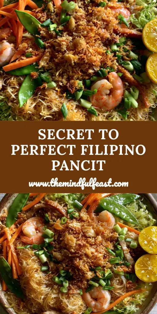 A top-down handheld photo of authentic Filipino Pancit Bihon in a rustic bowl, featuring seared shrimp, pork, and glistening rice noodles with calamansi. (Filipino Pancit)