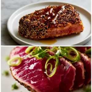 Whole seared Ahi Tuna steak with a black and white sesame seed crust and glossy ginger-soy drizzle on a white plate. (Tuna Steaks)