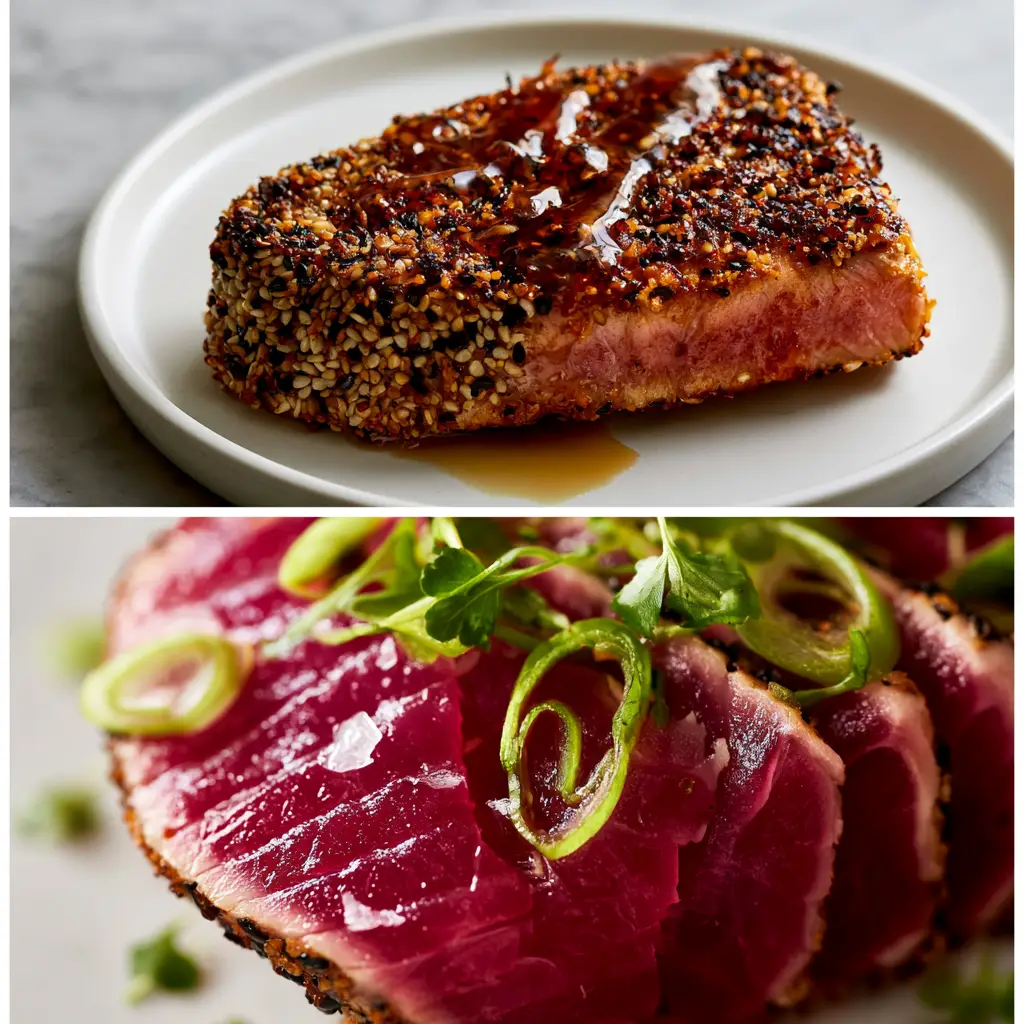 Tuna Steaks with a Toasted Sesame Crust and Glossy Ginger-Soy Glaze 2 Whole seared Ahi Tuna steak with a black and white sesame seed crust and glossy ginger-soy drizzle on a white plate. (Tuna Steaks)