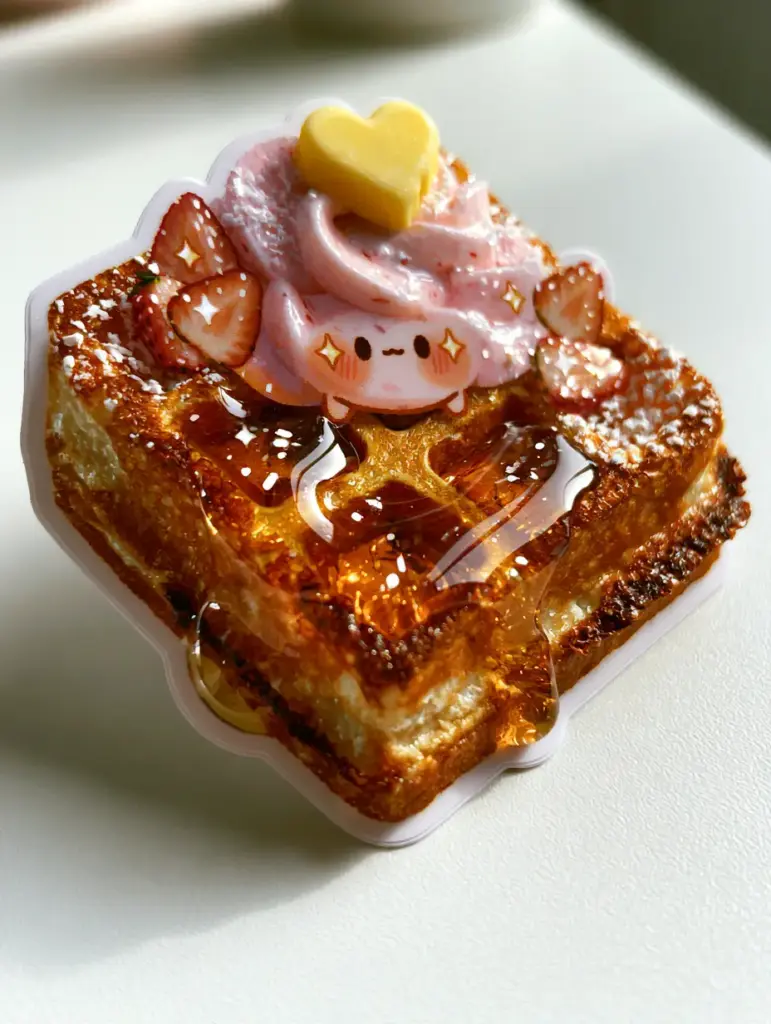 Kawaii Waffles Clipart: How to Make The Ultimate Aesthetic Belgian Waffles 2 Close up of a die-cut sticker showing a kawaii waffle with blushing cheeks and syrup pockets. (kawaii waffles clipart)