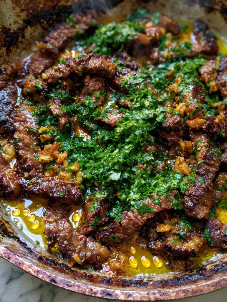 Thinly Sliced Ribeye Steak Recipes: The Ultimate Garlic Butter Cast Iron Sear 1 Sizzling steak strips in a cast iron pan featuring sautéed garlic bits and wisps of steam.