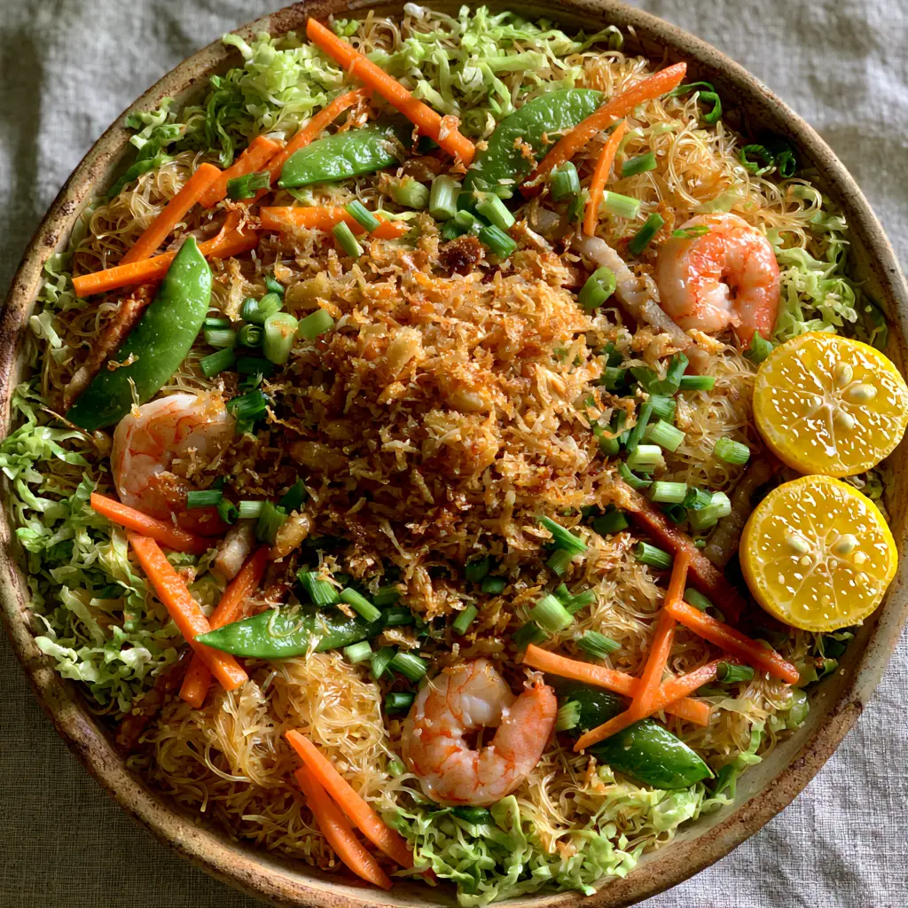 Close up of translucent golden-brown rice noodles topped with julienned carrots and snap peas. (Filipino Pancit)