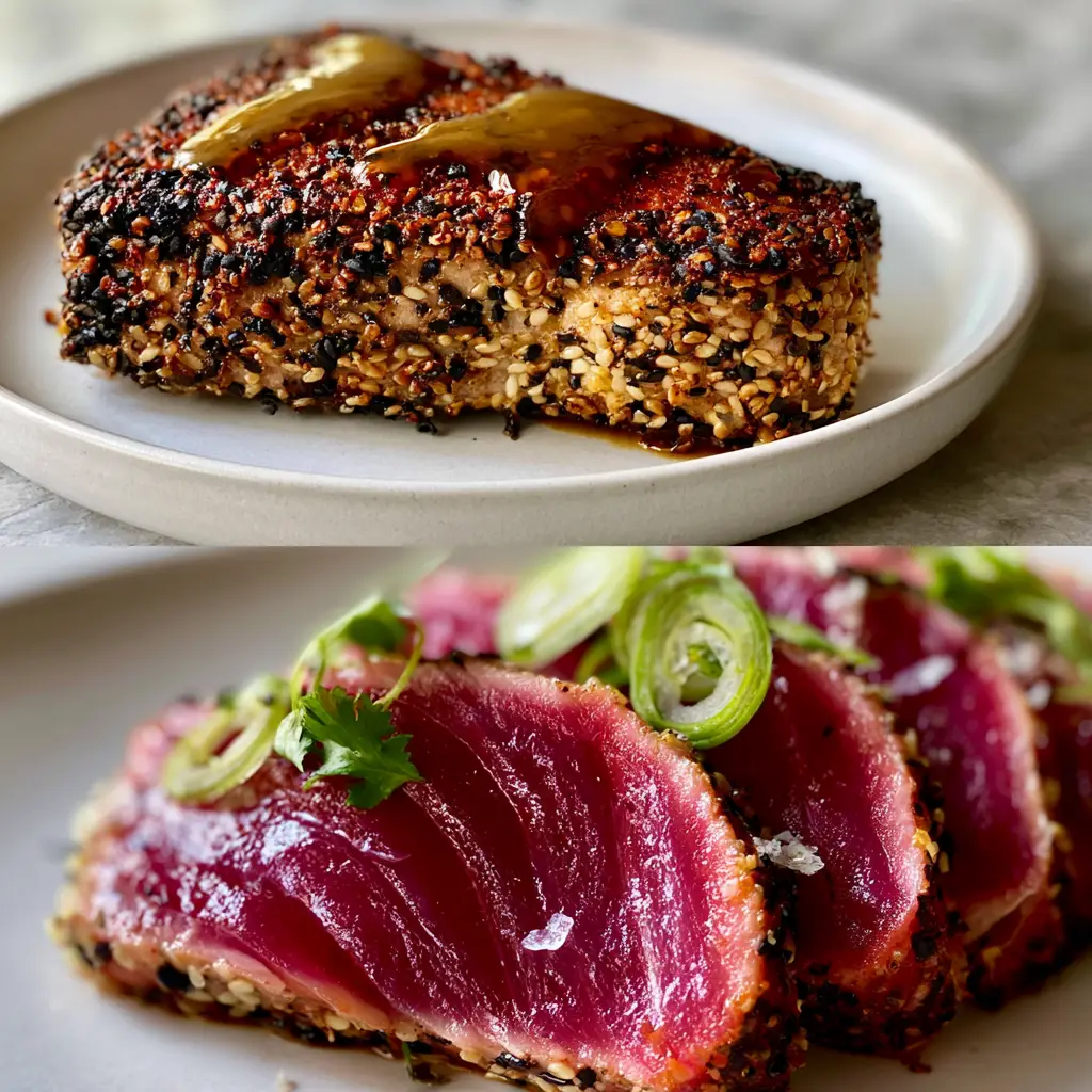 Tuna Steaks with a Toasted Sesame Crust and Glossy Ginger-Soy Glaze 1 Extreme macro close-up of sliced seared tuna ribbons showing a vibrant magenta-pink raw interior and green scallion garnish. (Tuna Steaks)