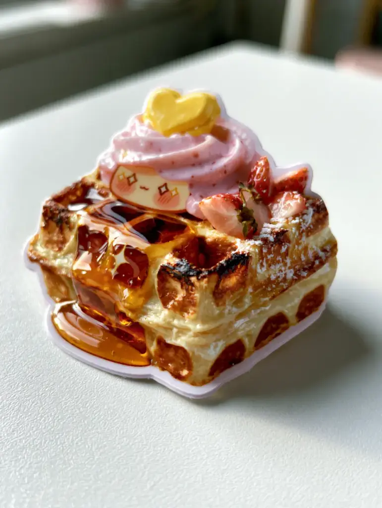 Kawaii Waffles Clipart: How to Make The Ultimate Aesthetic Belgian Waffles 1 A handheld smartphone photo of a high-quality die-cut sticker featuring a golden-brown waffle with strawberry cream.