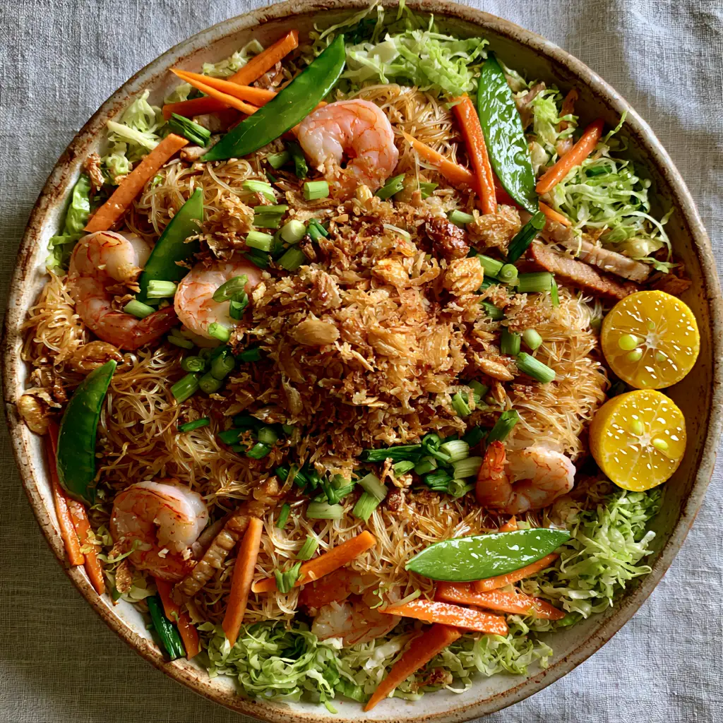 Rustic bowl of Filipino Pancit showing a mountain of fried garlic bits and fresh calamansi halves.