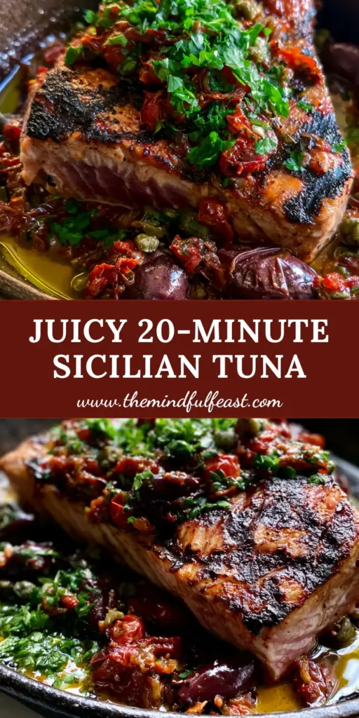 Tonno alla Siciliana: The Ultimate Seared Ahi Tuna with Blistered Tomatoes 4 A rustic cast iron skillet holding a seared Ahi tuna steak with blistered cherry tomatoes, Kalamata olives, and fresh parsley garnish. (Tonno alla Siciliana)