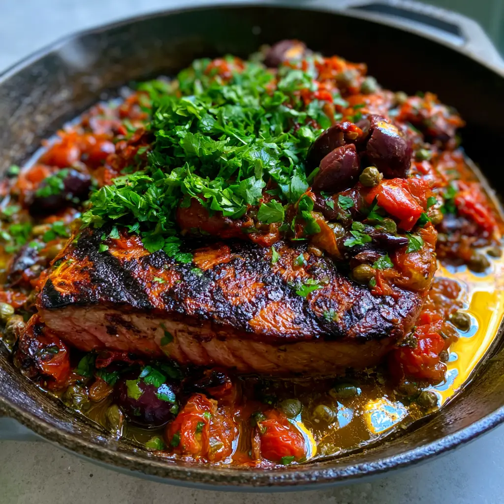 Tonno alla Siciliana: The Ultimate Seared Ahi Tuna with Blistered Tomatoes 2 Close-up of seared Ahi tuna with a succulent pink center and dark char in a cast iron pan. (Tonno alla Siciliana)