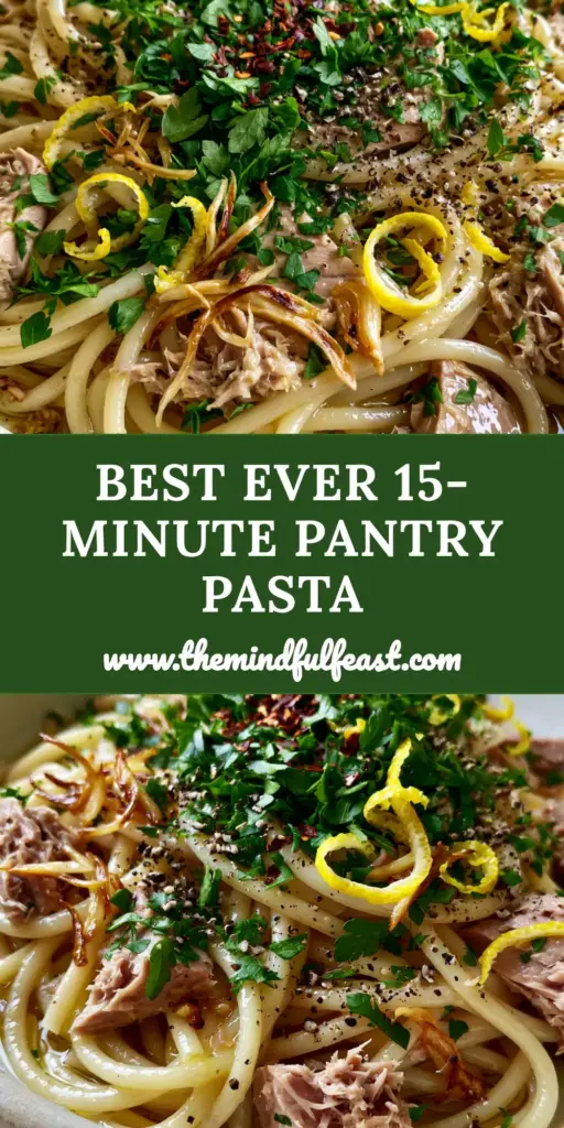 Canned Tuna Pasta with Golden Garlic, Lemon, and Chili 4 A shallow ceramic bowl of canned tuna pasta with glossy spaghetti, lemon zest, and golden garlic. (canned tuna pasta)
