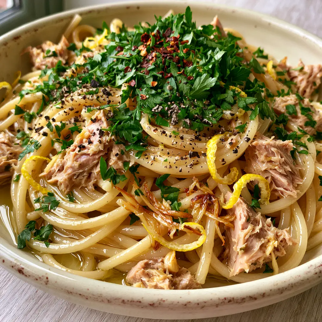 Canned Tuna Pasta with Golden Garlic, Lemon, and Chili 2 Extreme close-up of glossy spaghetti with flaky tuna, golden garlic slivers, and chili flakes. (canned tuna pasta)