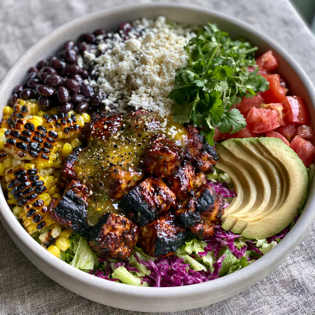 Dual perspective of chipotle chicken chopped salad showing fire-charred corn, black beans, and diced roma tomatoes.