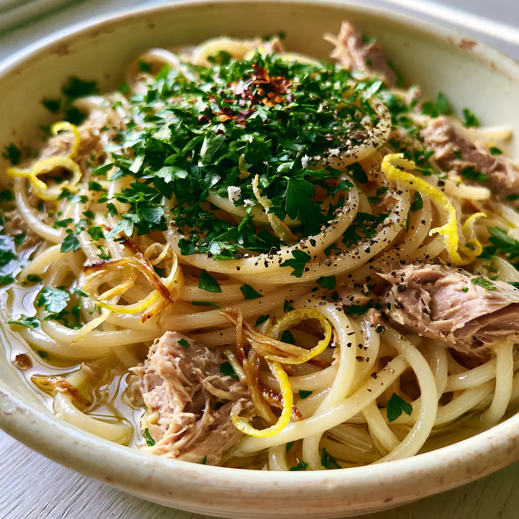 Canned Tuna Pasta with Golden Garlic, Lemon, and Chili 1 A rustic bowl of al dente canned tuna pasta topped with fresh parsley and lemon zest curls.