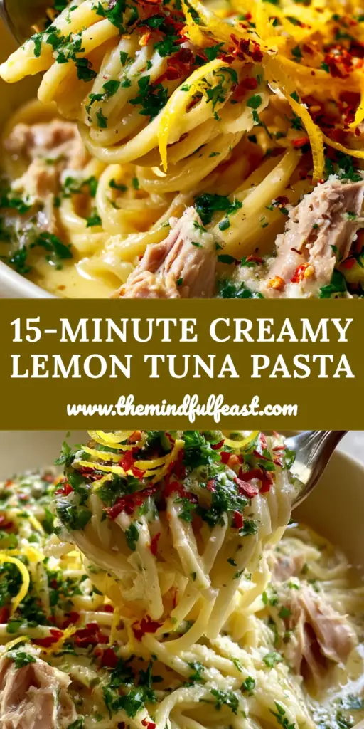 Tuna Pasta with Glossy Lemon Cream Sauce and Fresh Parsley 4 A shallow ceramic bowl of Tuna Pasta with glossy lemon cream sauce, garnished with parsley and lemon zest curls.