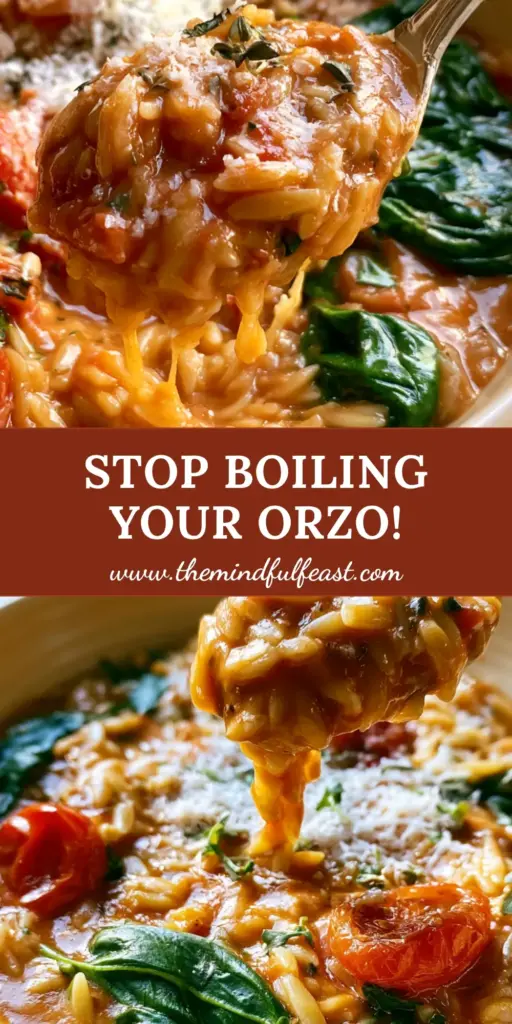 A close-up shot of spinach and tomato orzo in a cream bowl with a spoon lifting a silky portion.