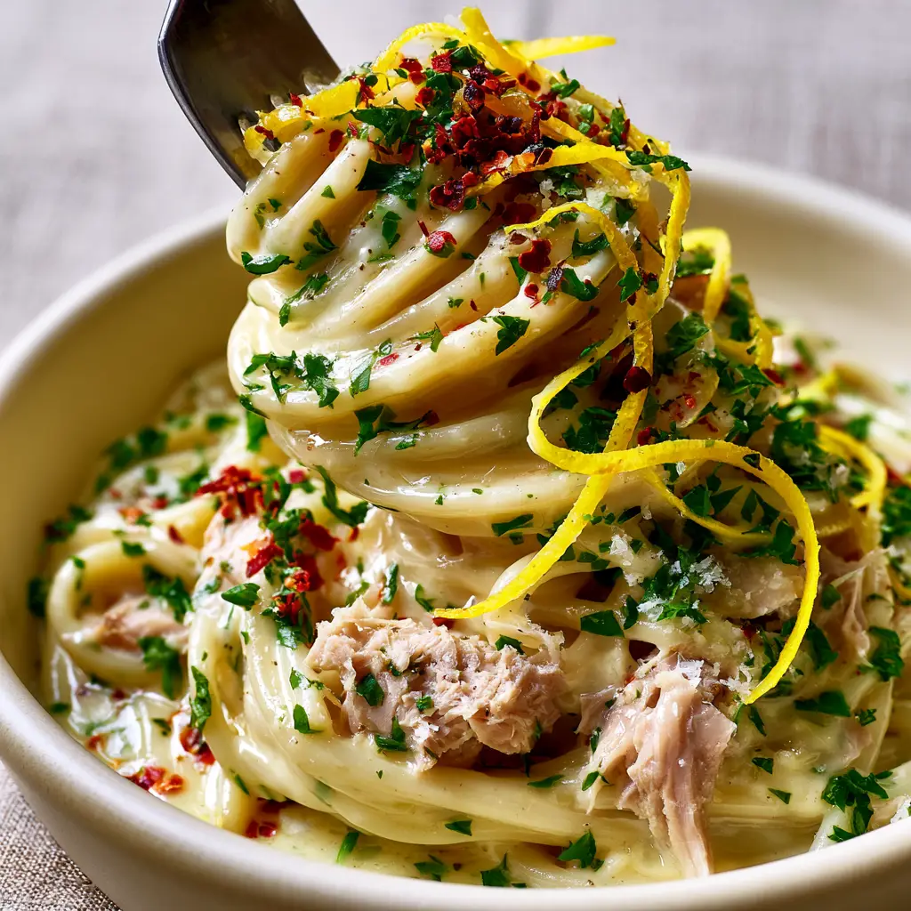 Tuna Pasta with Glossy Lemon Cream Sauce and Fresh Parsley 2 Macro close-up of a fork lifting a twirl of glossy Tuna Pasta with large flakes and vibrant garnishes.