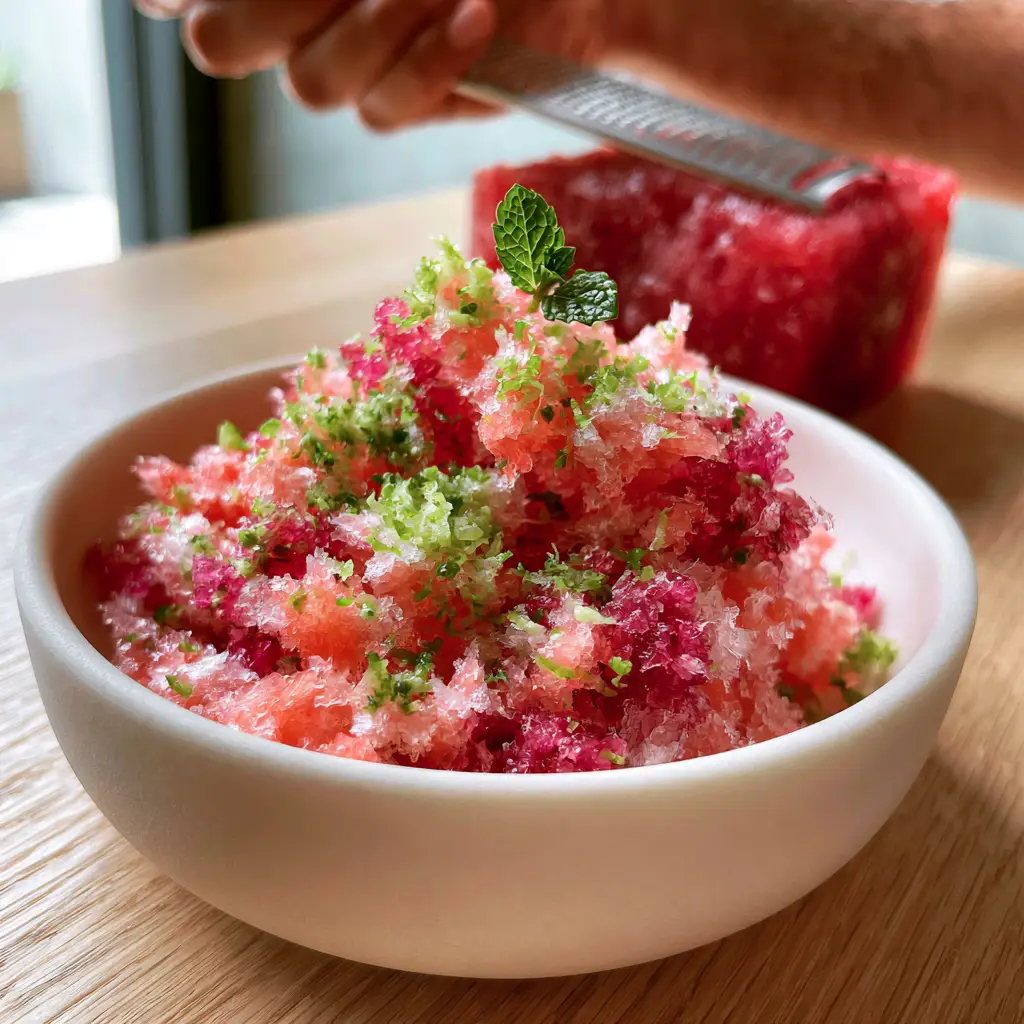 A top-down view of fluffy watermelon shaved ice garnished with microscopic green lime zest flecks and a mint leaf.