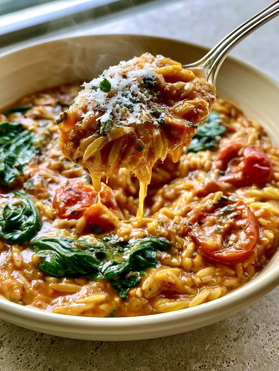 Macro photo of plump orzo grains in a glossy tomato cream sauce with wilted spinach. (spinach and tomato orzo)