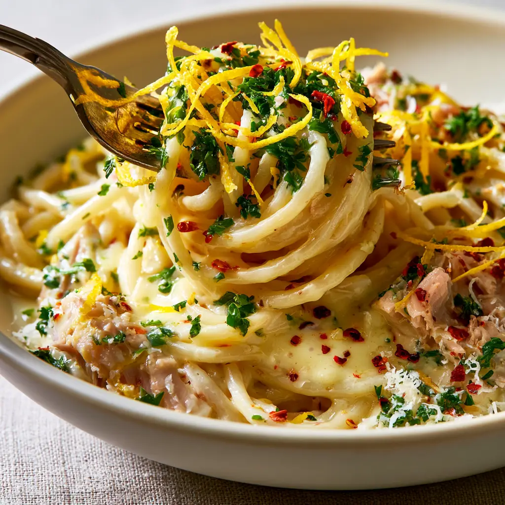 Tuna Pasta with Glossy Lemon Cream Sauce and Fresh Parsley 1 A close-up view of light pink tuna flakes and melting parmesan cheese in a lemon cream pasta dish.