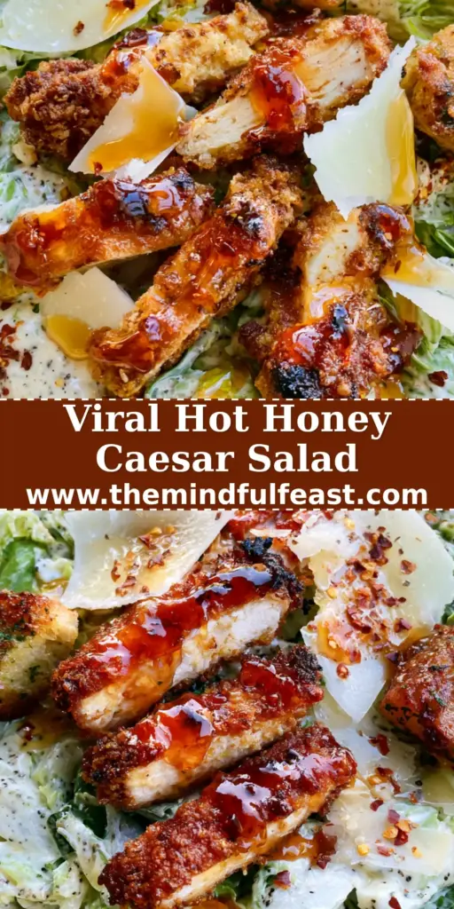 Hot Honey Crispy Chicken Caesar Salad: The Ultimate Sweet and Spicy Crunch 4 A top-down view of a matte cream bowl filled with a hot honey crispy chicken caesar salad, featuring panko chicken strips, Romaine ribbons, and shaved parmesan.