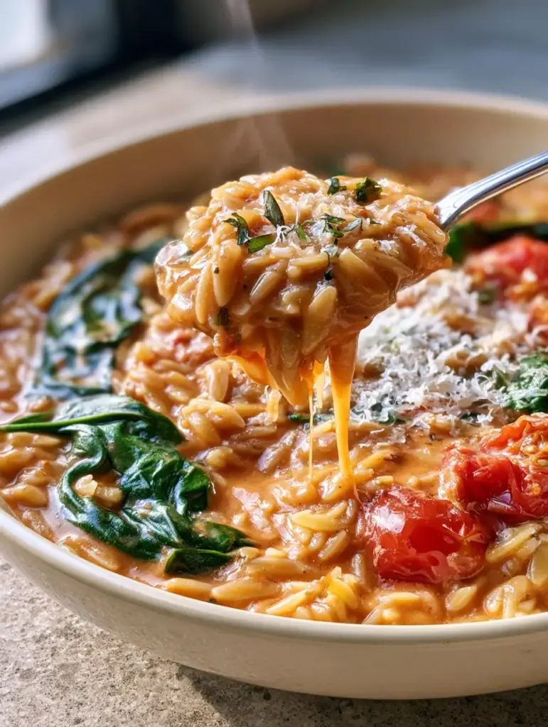 Bird's eye view of a one-pot spinach and tomato orzo dish garnished with micro-basil and parmesan.
