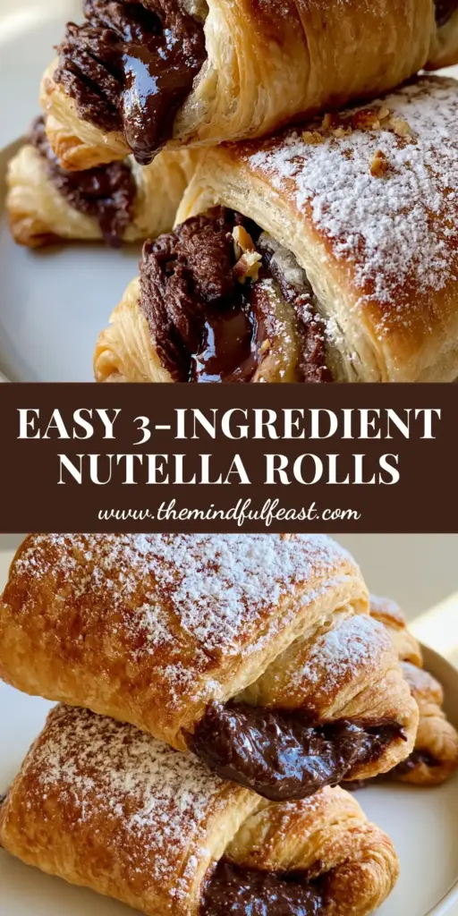 Nutella Rolls: The Ultimate Flaky 3-Ingredient Puff Pastry Recipe 4 A stack of three golden-brown flaky Nutella rolls on a white plate with powdered sugar and hazelnut crumbles.