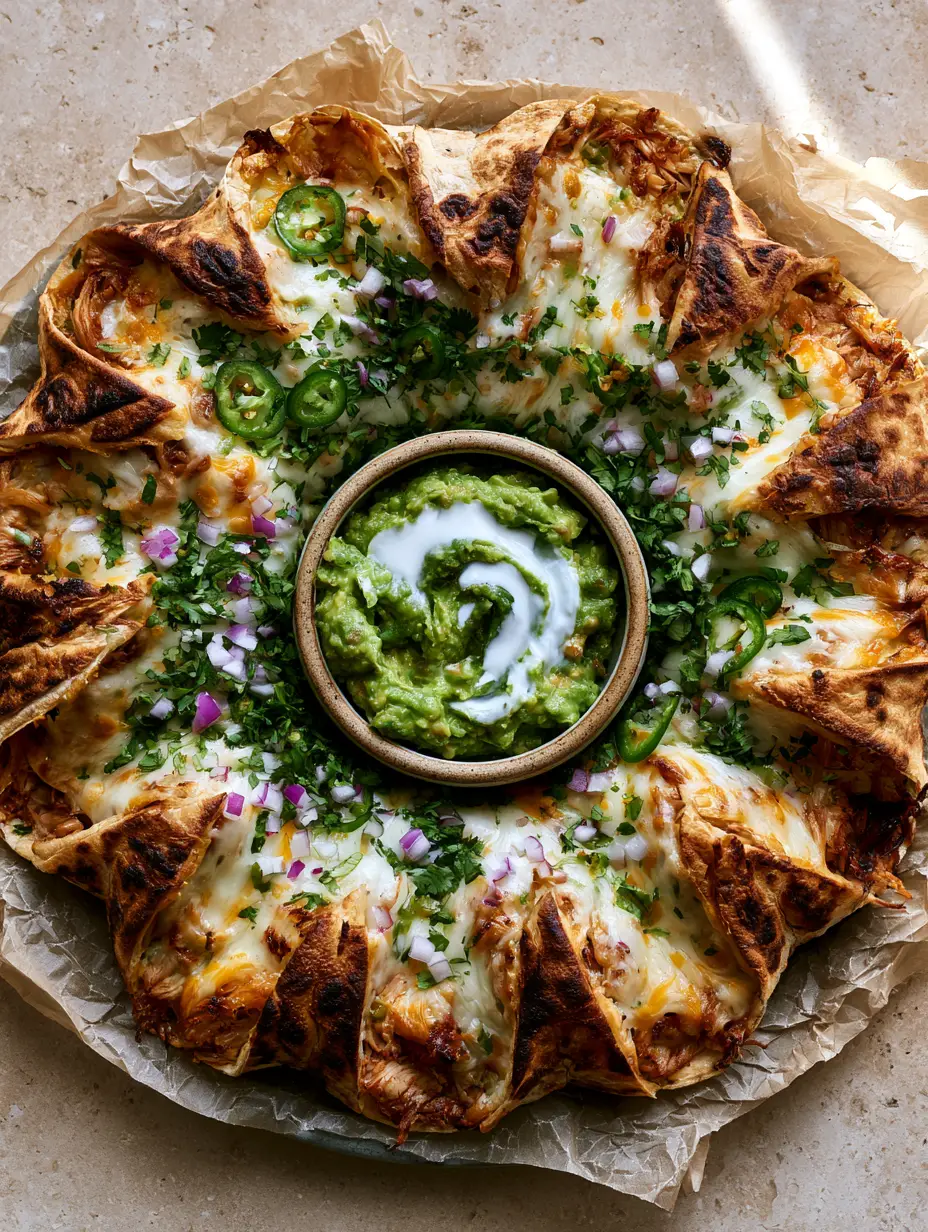 Blooming Quesadilla Ring Recipe: The Ultimate Viral Party Appetizer 3 Close-up overhead of a Blooming Quesadilla Ring Recipe showing bubbling Oaxaca cheese and charred tortilla wedges. (Blooming Quesadilla Ring Recipe)