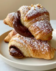 Close up of three Nutella rolls with visible puff pastry layers and glossy chocolate filling oozing out.