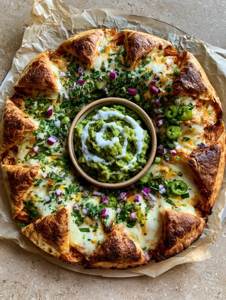 Blooming Quesadilla Ring Recipe: The Ultimate Viral Party Appetizer 1 Overhead smartphone-style photo of a Blooming Quesadilla Ring Recipe garnished with cilantro, red onion, and jalapenos.