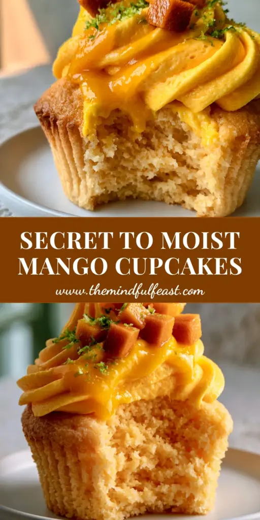 Mango Cupcakes Recipe with Silky Mango Buttercream and Lime Zest 4 A close-up shot of a mango cupcakes recipe featuring a high swirl of mango buttercream and glossy drizzle. (mango cupcakes recipe)