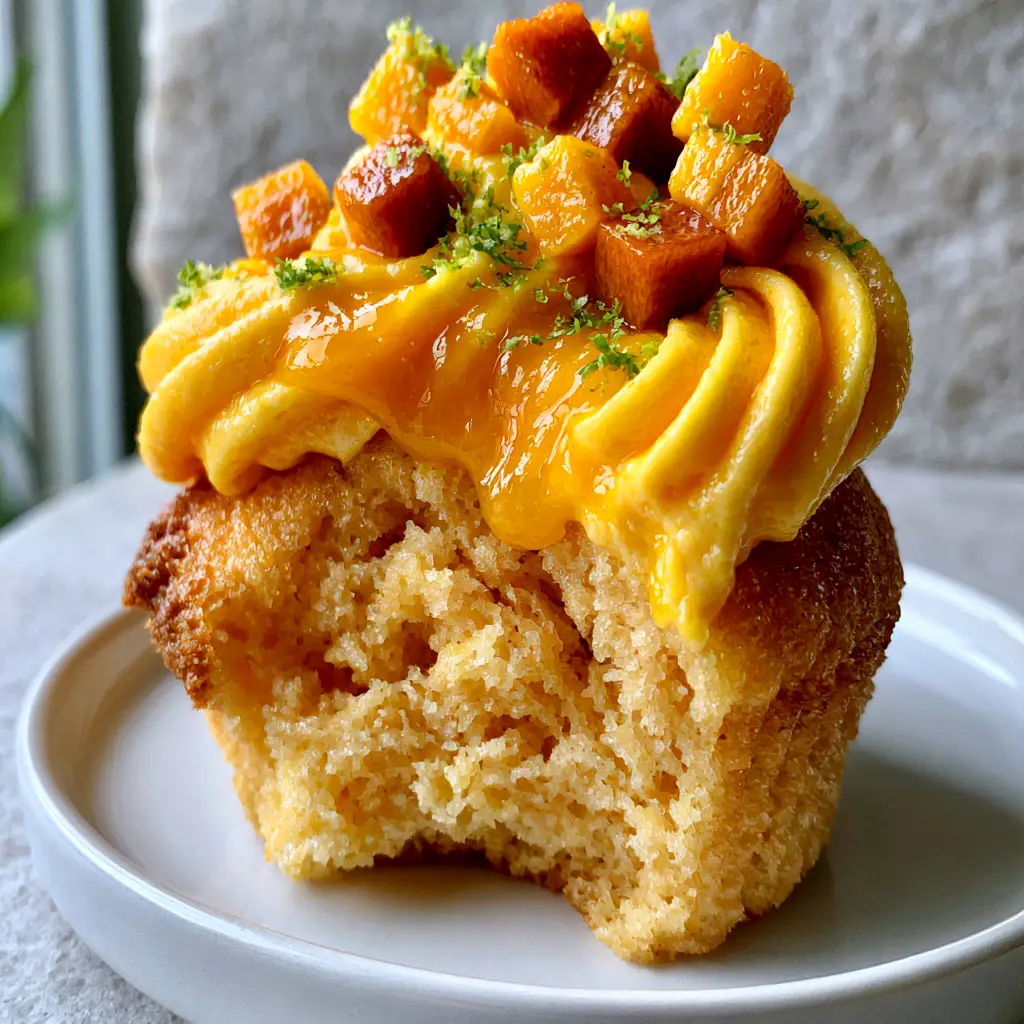 Mango Cupcakes Recipe with Silky Mango Buttercream and Lime Zest 2 Macro photo of a single mango cupcake with a bite taken out showing the airy interior crumb. (mango cupcakes recipe)