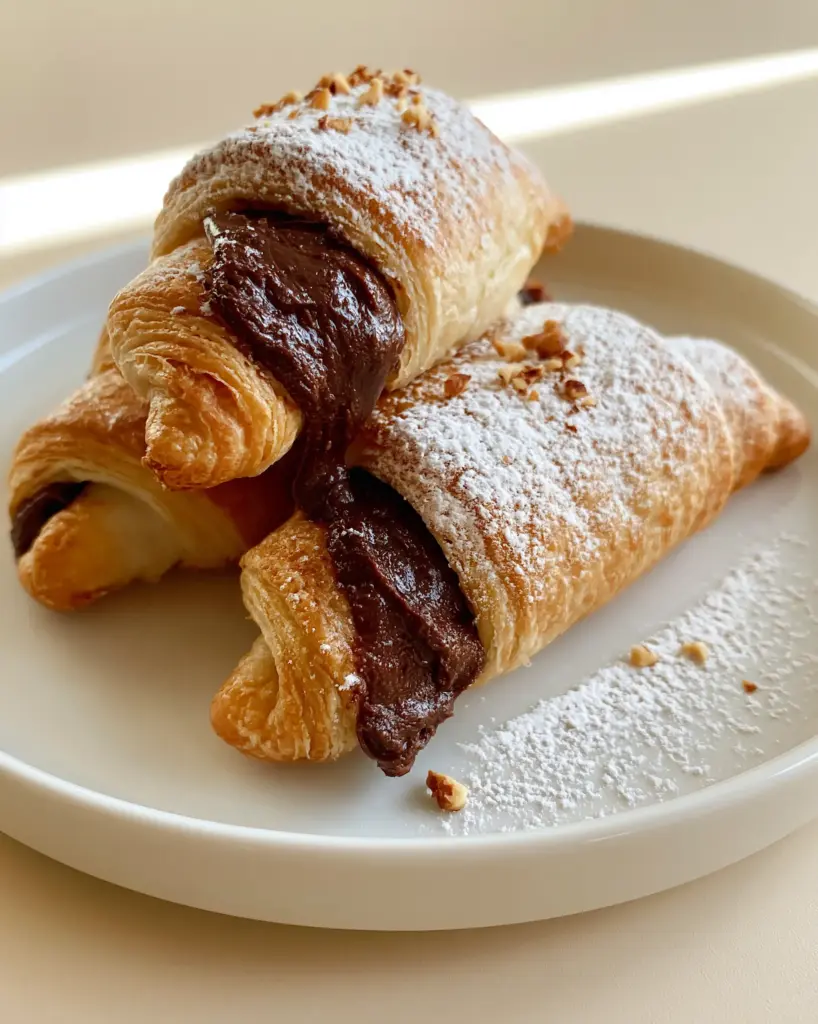 Nutella Rolls: The Ultimate Flaky 3-Ingredient Puff Pastry Recipe 1 Handheld smartphone photo of Nutella rolls on a modern off-white ceramic plate with natural side lighting.