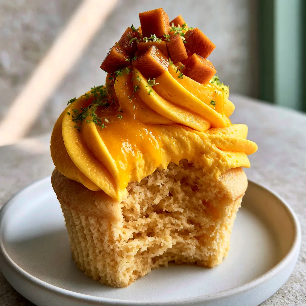 Mango Cupcakes Recipe with Silky Mango Buttercream and Lime Zest 1 High swirl of silky mango buttercream with thick glossy drizzle and diced mango. (mango cupcakes recipe)