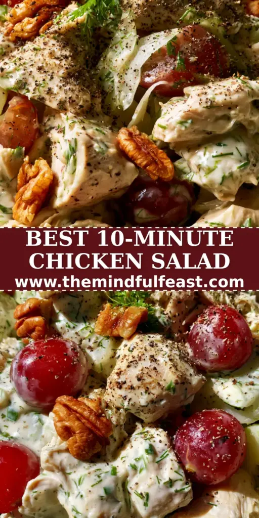 Savory Chicken Salad with Grapes and Toasted Pecans 4 A macro close-up of savory chicken salad with grapes, pecans, and dill in a rustic ceramic bowl.